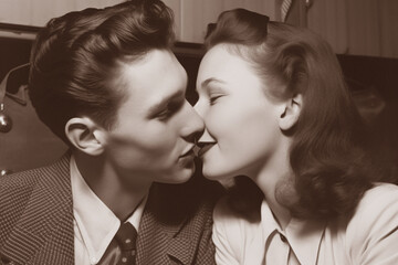 Photo vintage d'un couple d'amoureux s'embrassant » IA générative