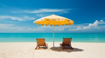 Sun lounger with umbrella on the shore of the blue ocean