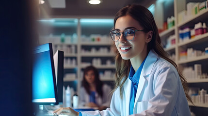 a female pharmacist working in chemist shop or pharmacy. Pharmacist using the computer at the pharmacy. Generative Ai