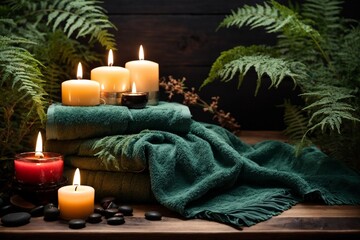 Obraz na płótnie Canvas Spa composition with green towels, candles and stones on wooden background