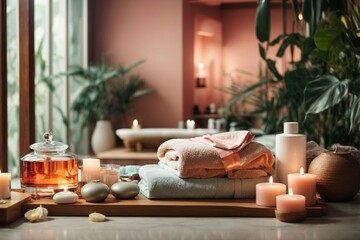 Spa composition with green towels, candles and stones on wooden background