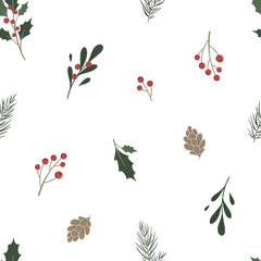 Seamless pattern of simple botanical elements in scandinavian style. Twig of conifers evergreen tree, pine,cone, ilex, red berries. Hand drawn Stylized repeated background. Endless print for