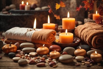 Fototapeta na wymiar Spa still life with candles, stones and towels on wooden background