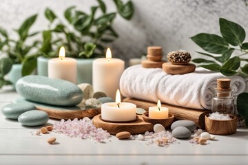 Spa still life with flowers, candles and towels on wooden table
