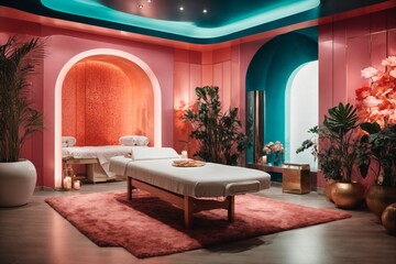 Fototapeta premium Spa massage room interior with red carpet and candles.