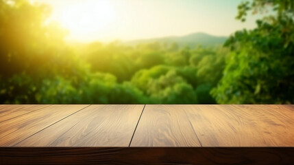 Green Oasis Display: Wooden Table in Natural Harmony