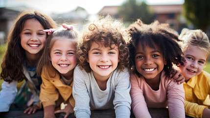 A primary elementary school group of smiling children outdoors