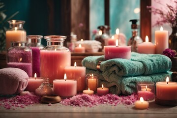 Fototapeta na wymiar Beautiful spa composition with burning candles on table in bathroom, closeup