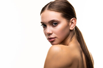 Fototapeta premium Beautiful face young woman clean fresh skin natural make up beauty female