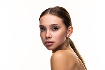 Obraz premium Young woman portrait, skin care concept, beautiful skin and hands with manicure nails.