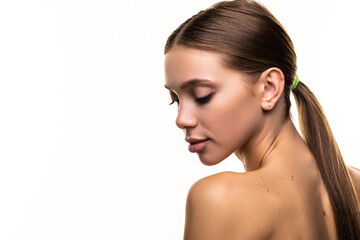 Fototapeta premium Young woman portrait, skin care concept, beautiful skin and hands with manicure nails.