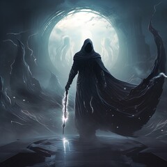 Hooded fantasy grim reaper. Great for fantasy, dark fantasy, space, magic, sorcery and more.  - obrazy, fototapety, plakaty