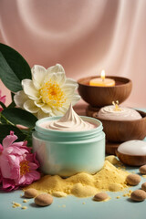 Fototapeta na wymiar Cosmetic cream with fresh oranges and flowers on a turquoise background 