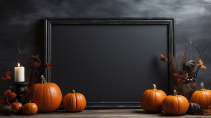 Halloween background with pumpkins and blackboard. Space for text