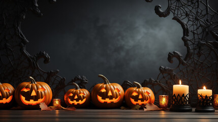 Halloween pumpkins and candles on dark background 