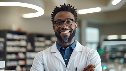 Professional Confident Black Pharmacist Wearing Lab Coat and Glasses, Crosses Arms and Looks at Camera Smiling Charmingly in a pharmacy store. Generative Ai