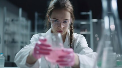 Beautiful female young scientist conducts experiment with test tube and pink liquid. Laboratory for the study of virus bacteria and infection. Research scientist with reagents reactions and substance