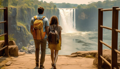 Couple of hikers admiring at a beautiful landscape with waterfall in rainforest. Man and woman with their travel backpacks looking back at waterfall in beautiful exotic nature. Generative Ai