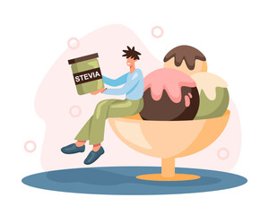 Man sitting on plate with ice cream and holding jar with stevia. Young human use sweetener in daily diet. Flat vector illustration in cartoon style and green and red colors