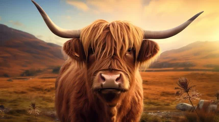 Crédence de cuisine en verre imprimé Highlander écossais Highland cow with horns