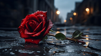 Solitary Red Rose on City Street Floor, Vibrant Petals Symbolizinga symbol of love or loss in a moody urban setting. Broken Romance Concept.  - obrazy, fototapety, plakaty