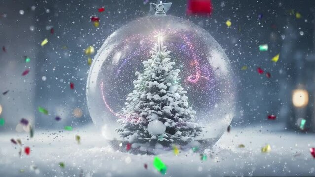 Amazing snowy Christmas tree in a glass ball as ornament, seamless looping video animated background