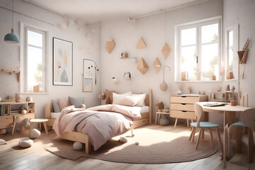  3D representation of a kids' room with a Scandinavian design influence. Showcase simple wooden furniture, soft pastel accents, and cozy textiles that evoke a sense of warmth and simplicity.