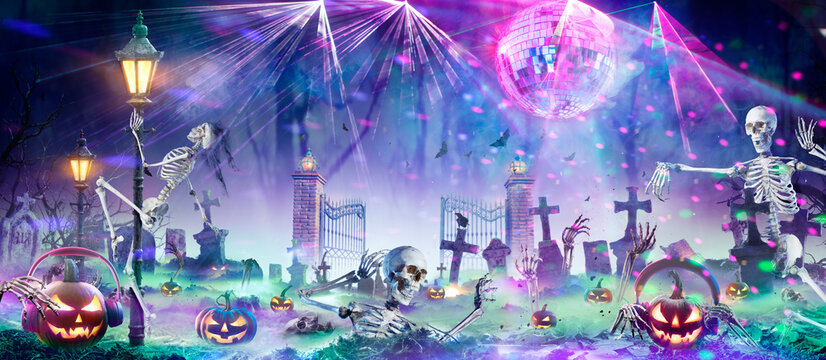 Halloween Disco Party -  Pumpkins And Zombies Dancing In Graveyard At Night