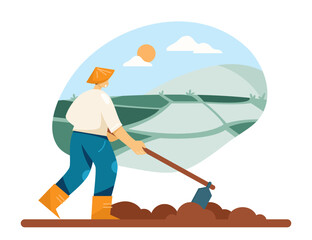 Man holding plant processing tool and working on rice plantation. Rice cultivation in Asia concept. Flat vector illustration in cartoon style in blue and green colors