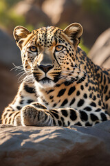 Obraz premium a leopard taking rest on the rock. Generated by AI tools.