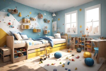 3D rendering of a kids' room that balances simplicity with playfulness. Showcase colorful toy storage, playful wall decals, and a simple bed frame for a room that's fun and functional. 