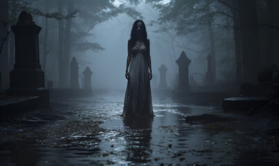 Scary sad prying blond ghost girl in the cemetary- horror theme