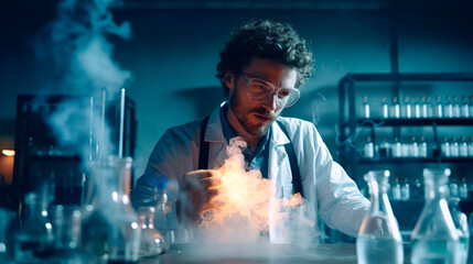 The scientist conducts experiment. The chemist adds drop of reagent into glass flask. Research scientist in medical coat with reagents reactions and substance, flasks and smoke. - obrazy, fototapety, plakaty