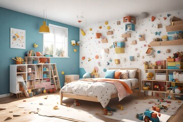 3D rendering of a kids' room that balances simplicity with playfulness. Showcase colorful toy storage, playful wall decals, and a simple bed frame for a room that's fun and functional