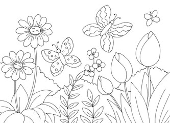 Butterfly flower coloring graphic black white sketch illustration vector 