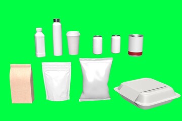 3D Illustration: Set of food and beverage packing - green screen background