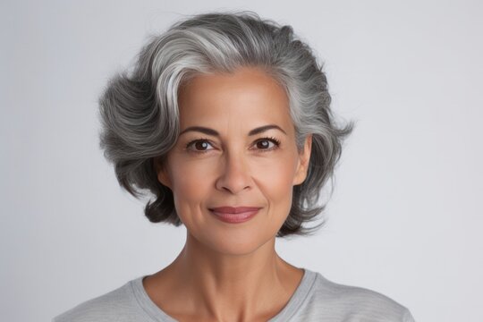 Gorgeous Brown Eyed and Gray Haired Hispanic Woman Posing with Light Makeup on White Copy Space.
