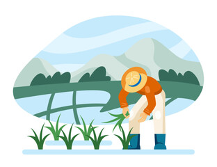 Professional man in uniform and protective hat working on rice plantation. Rice cultivation concept. Vector illustration in cartoon style in blue and green colors