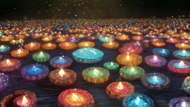 Beautiful multicolor diyas at night, diwali celebration concept, Seamless Animation Video Background in 4K Resolution.