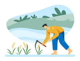 Young male worker with sickle mows rice plant on green plantation. Rice cultivation in Asia concept. Flat vector illustration in cartoon style in blue and green colors