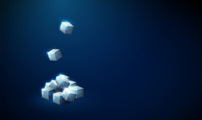 Abstract heap of white cubes of sugar with falling pieces of sugar. Sugar sweetener. Low poly style design.