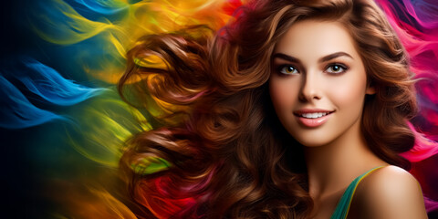Obraz premium Brunette girl with long and shiny wavy hair on rainbow background. hairstyle, hair care concept
