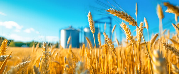 Agricultural Silos for storage and drying of grains, wheat, corn, soy, sunflower.  Beautiful landscape of sunset over wheat field at autumn