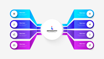 Vector flowchart infographic with central circle and 8 options. Structure vizualization
