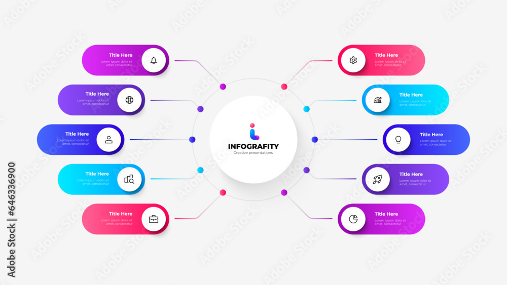 Poster Vector flowchart infographic with central circle and 10 rounded elements