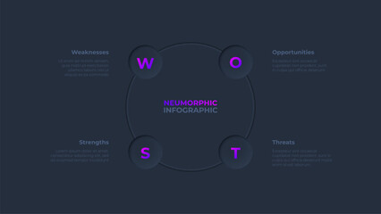 Dark neumorphic concept of SWOT analysis. Infographic design template