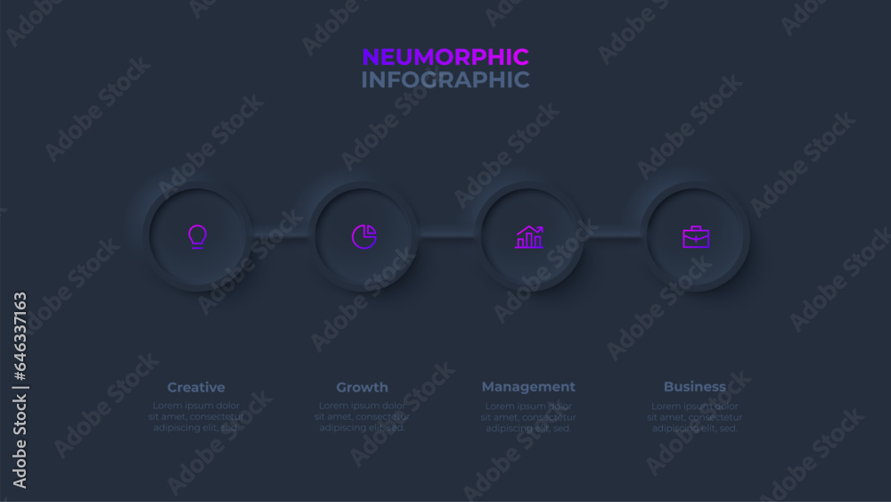 Poster Dark four circles placed in horizontal row. Concept of 4 steps of marketing strategy. Neumorphic infographic design template