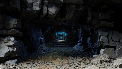 Tunnel in a mountain cave leading to a glowing portal gate. An abandoned passage in the rock. 3d render