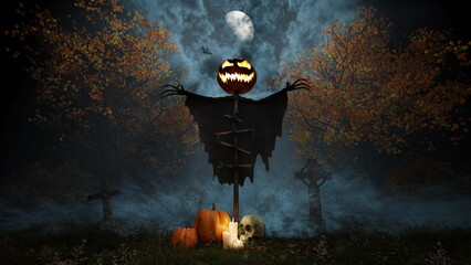 Halloween scarecrow with pumpkin head and glowing eyes in the cemetery at night. Pumpkins, candles...