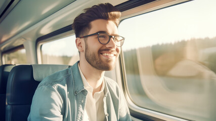 Handsome young smiling man gets to work in comfortable train, looks out window and enjoys scenery. Concept of convenient public transport, car abandonment and travel - obrazy, fototapety, plakaty